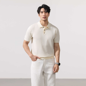 Camiseta de Punto Acanalado Azul Marino para Hombre, Manga Corta, Botones, Color Sólido, Transpirable, Estilo Casual Elegante, Logotipo Frontal, Servicio OEM - Product Image 4