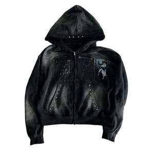 Chất Lượng Cao Đau Khổ Thêu Mặt Trời Faded Zip up Hoodies Tùy Chỉnh Đồ Họa Nặng 500gsm Người Đàn Ông Rhinestone Boxy Rửa Áo - Product Image 3