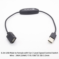Cable de Extensión USB DC Macho a Hembra, Interruptor de 5V, Ventilador con 3 Niveles de Temperatura Ajustables, Conductor de Cobre, Cable Aislado de PVC de 22AWG, 0.3m