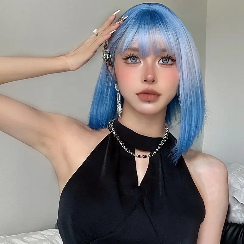 Fantasia feminina cosplay peruca sintética curta resistente ao calor com franja azul colorido perucas retas bob