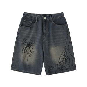 HG319 Retro Vintage Woolen Hip Hop <b>Jeans</b> Shorts Heavyweight Paint Splatters Spider Logo Raw Hem Cut Edge <b>Elastic</b> <b>Waist</b> - Product Image 4