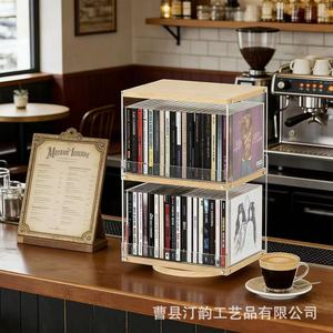 Support rotatif en bois pour CD, double couche, pour bureau, boîte de rangement CD/cassette, présentoir décoratif transparent - Product Image 1