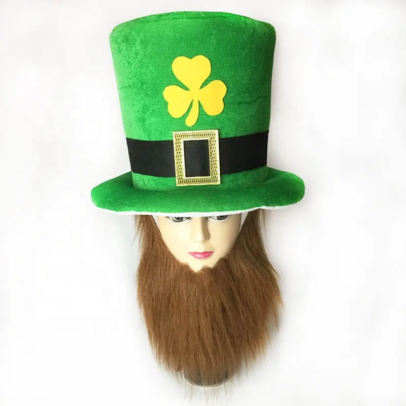 Shamrock Velvet Hat mit grünem Schnurrbart St. Patricks Day Party Zubehör Kobold Hut und Bart für Erwachsene