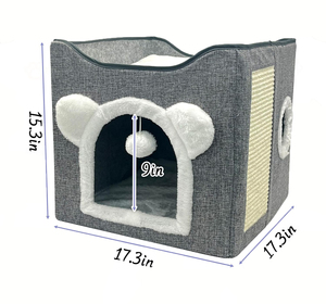 Cama tipo cueva para gatos esponjosa y gris, moderna bola de lino, plegable colgante, escondite para gatos, tienda para perros pequeños, diseño sólido, Cama Cueva Para Gatos - Product Image 2