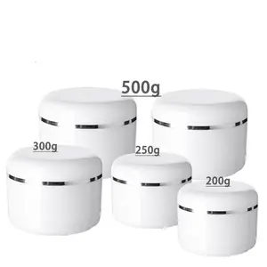 200g, 250g, 300g, 500g, bord rond blanc argenté PP, pot de crème en plastique PP pour les soins de la peau, crème cosmétique, emballage