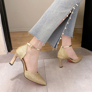 Factory Wholesale Women's Glitter Pointed Toe Pumps Ankle Strap High Heels for Wedding Party - Product Image 4