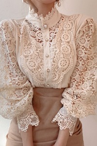 <span class=keywords><strong>Chemise</strong></span> à manches longues à <span class=keywords><strong>col</strong></span> montant, style chic et élégant, nouvelle collection coréenne printemps 2026, en gros, avec boutons, dentelle, fleurs ajourées et coutures - Product Image 6
