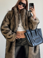Manteau long de luxe vintage pour femme, col châle en fausse fourrure de renard, chaud et épais, à carreaux unis, grande taille, mode hiver