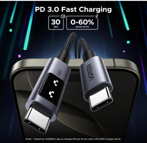 Câble USB-C vers USB-C Ugreen L509 100W PD à charge rapide avec affichage LED, E-Marker, câble de données tressé en nylon pour ordinateur portable, téléphone, tablette - Product Image 3