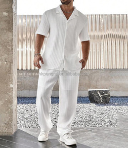 Breathable Vintage <b>Waffle</b> Knitted 100% Polyester Casual Men's Loose <b>Shirt</b> Sleeve Shorts Set Summer Two-piece Set - Product Image 3