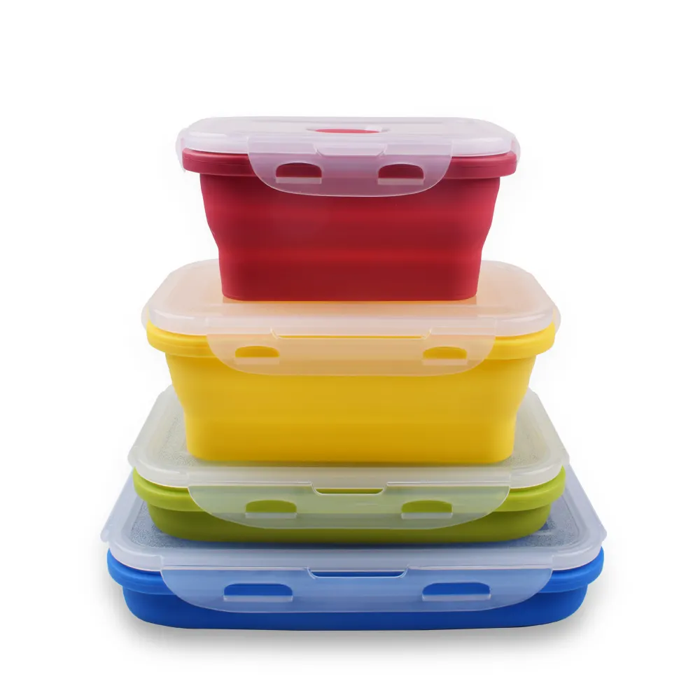 4 Pack Kids Collapsible Food Meal Prep Lunchbox Foldable Tiffin Bins Bento Lunch Boxes Silicone Food Storage Containers Set