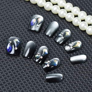 Presione las <span class=keywords><strong>uñas</strong></span> con piedras Gel Cat Eyes Design Squoval Short Black Gradient Color 15 tamaños-30 piezas Cubierta completa - Product Image 4