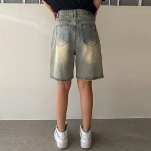 High Quality Summer Custom Denim Shorts Women's High Waist Mid-length Fashion Oversized Washed Jeans Shorts For Women