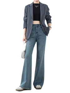 Jean long en denim pour femme, taille haute, évasé, respirant, avec poches, style décontracté, simple et mignon, idéal pour l'été, de haute qualité - Product Image 1