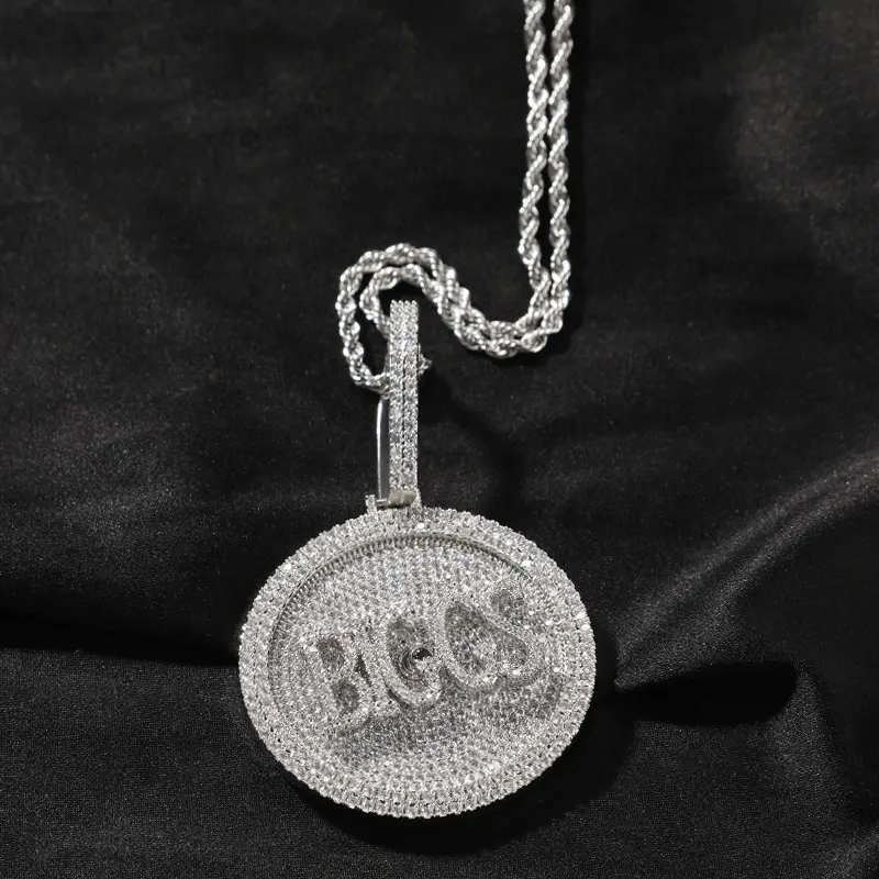 Colar pingente nome personalizado 2021, colar giratório com grande círculo, joia de hip hop para homens e mulheres iced out cz letras personalizadas colares