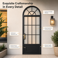 Porte d'entrée de villa en aluminium, style français, arquée, double vitrage trempé, revêtement poudré noir, taille personnalisée, porte de patio extérieure moderne