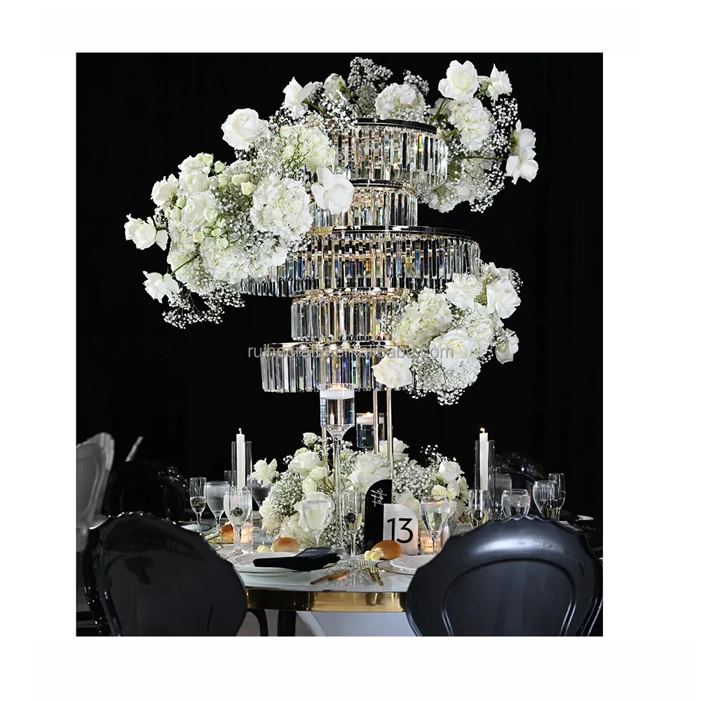 Luxury 5ft height crystal hanging wedding vase flower stand gold chandelier centerpiece for wedding decoration