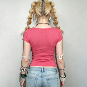 เสื้อยืดทรงพอดีตัว ยืดหยุ่นสูง สไตล์ Y2K เป็นมิตรกับสิ่งแวดล้อม สีพื้น สำหรับผู้หญิง ใส่สบายในฤดูร้อน แขนสั้น ทรงสี่เหลี่ยม - Product Image 5