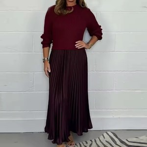 King Mcgreen Star Otoño Knit Top Pullover Patchwork Vestido plisado Señora Elegante O Cuello Sólido Vestido de manga larga Vestido suelto Maxi - Product Image 2