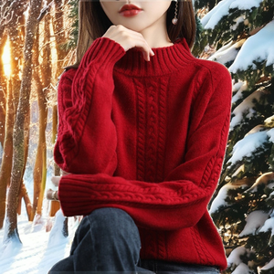 Suéter de Punto Trenzado para Mujer, Cuello Redondo, Manga Farol, Ajustado al Cuerpo, Color Sólido, Informal de Invierno, Transpirable - Product Image 2