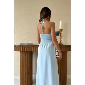 Vestido de Lino Azul Bebé al por Mayor con Cuello Halter, Espalda Descubierta, Tirantes Finos, Cintura Natural, para Fiesta o Casual, Tejido Transpirable - Product Image 2