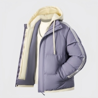 Blouson matelassé à capuche color block pour homme, bleu clair et blanc, manteau d'hiver chaud avec détails rayés sur les manches