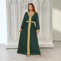 Kaftan Abaya musulman élégant en polyester avec bordure dorée multicolore, col en V, manches longues, robe maxi style Dubaï