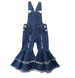 Wholesale Baby Girl Denim Sunflower Overalls Bell Bottom Children Toddler Flared Ripped Pants Fall Floral New Jeans