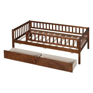 Twin Size Daybed Wood Bed With Two <b>Drawers</b> <b>Walnut</b> Kids Storage Bed - Product Image 6