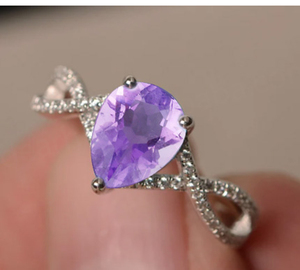 แหวนหมั้นเงินแท้ 925 ประดับพลอยธรรมชาติทรงลูกแพร์ อะมีทิสต์ - Product Image 4