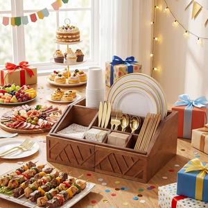 Boîte à couverts extensible en bois massif avec compartiments, porte-assiettes et porte-gobelets en papier jetables, rangement pour table à manger - Product Image 1