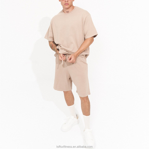 T-Shirt e Shorts <span class=keywords><strong>Beige</strong></span> Vintage oversize da <span class=keywords><strong>uomo</strong></span> in cotone Vintage leggero e leggero estivo personalizzato <span class=keywords><strong>tuta</strong></span> da ginnastica 2 pezzi - Product Image 4