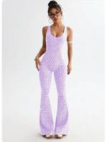 Nouvelle combinaison de yoga pour femme à imprimé léopard, dos croisé, pantalon évasé sans couture, très élastique, pour fitness et entraînement en salle de sport