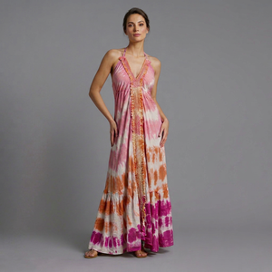 Women's Y2K Sweet Tie Dye Maxi <b>Dress</b> Halter V Neck Sleeveless Loose Fit Boho Beach Holiday Sundress <b>Tassel</b> Decoration - Product Image 1