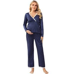 Vêtements de maternité, pyjama d'allaitement à manches longues, pyjama de maternité en coton à pois avec bordure en dentelle et col superposé - Product Image 1