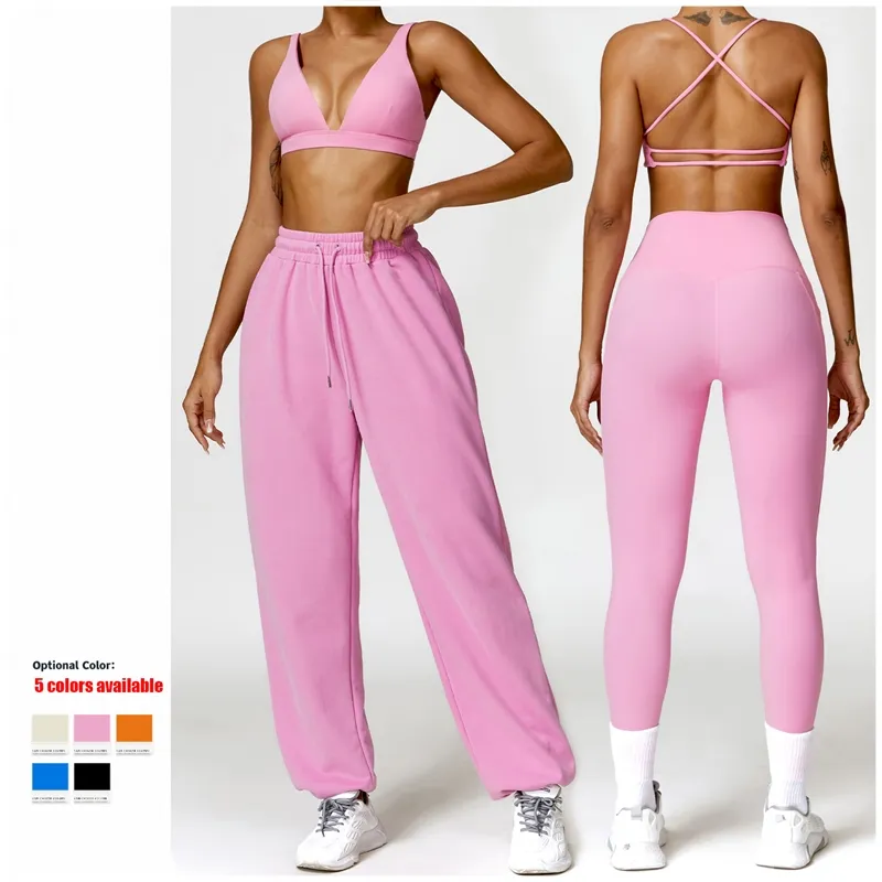 High Quality Nude Sexy Crossover Strap Bra High Waist Leggings Oversized Sweatpants Skin Friendly workout sets for women Yoga