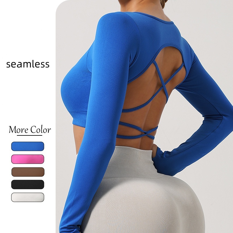 Cross Backless Tied-at-the-back Open Back Long Sleeve Slim Fit Gym Fitness Running Cross Back Yoga Crop Top With Thumb Hole