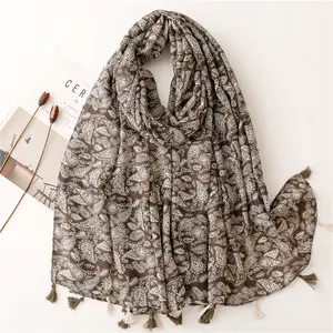 Wholesale Vintage Style Soft Women Paisley Scarf Shawl Viscose Cotton Linen Tassel Hijab Head Scarves