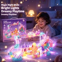 Mainan Trek Unicorn Berbintang Set Permainan Malam Ajaib untuk Anak-anak, Blok Bangunan Rakitan DIY, Kubus Plastik, Set Rel Kereta Listrik