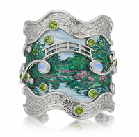 Bracelet manchette personnalisé inspiré de Monet avec art en émail de jardin et accents de pierres précieuses bijoux d'art impressionniste