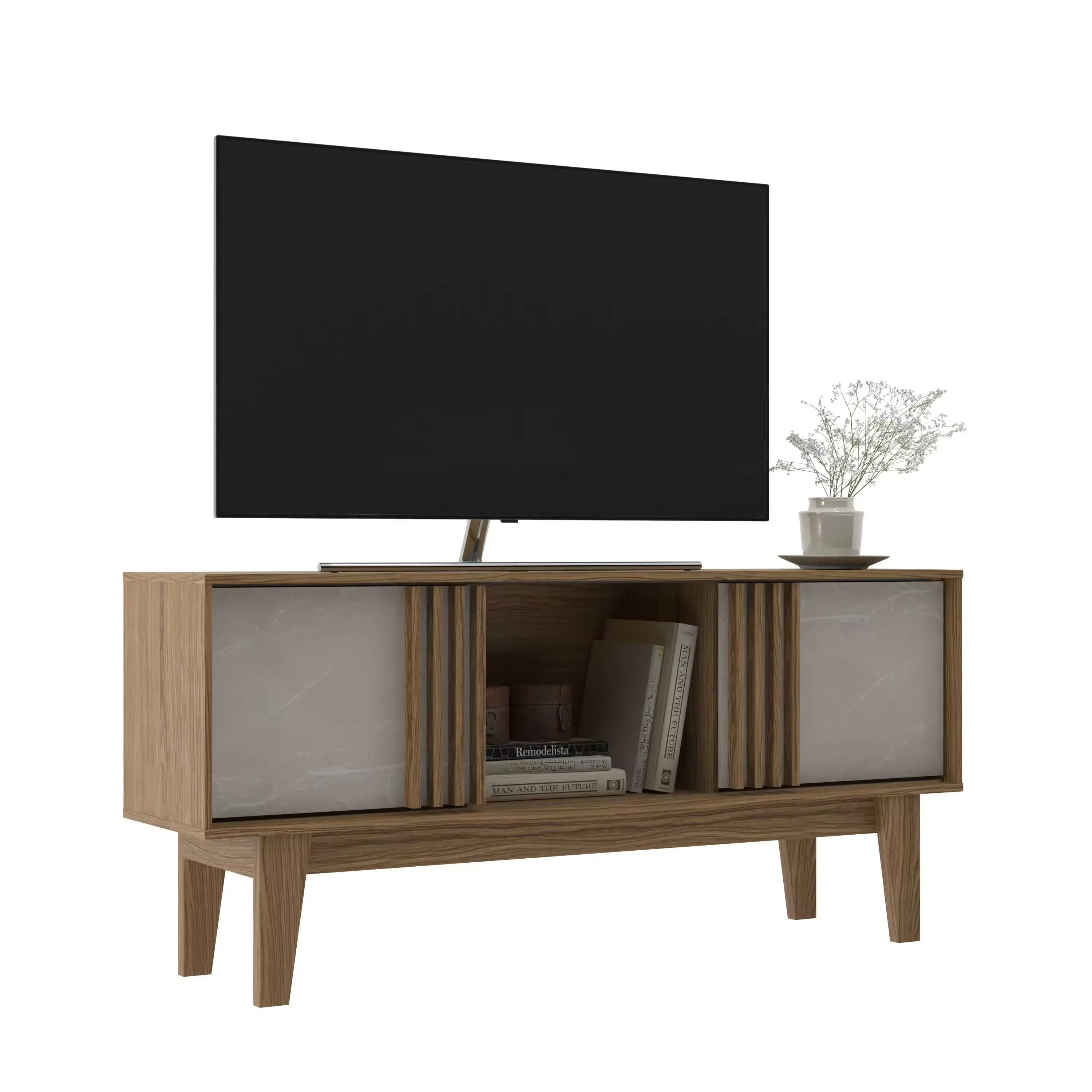 Moderno soporte de TV Simia Media mesa de consola con almacenamiento y cajones, dormitorio sala de estar centro de entretenimiento, blanco y roble