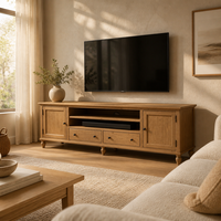 Meja TV Kayu Solid Mewah, Konsol Media Rustic, Kabinet Penyimpanan Kayu Oak Kelas Atas untuk Perabot Ruang Tamu