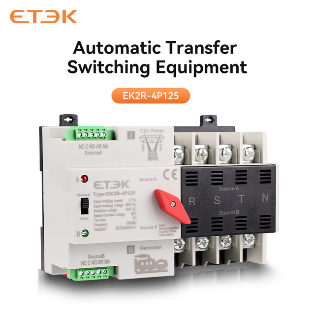 Industrial ATS ETEK EK2R 4P Din Rail Automatic Transfer Switch Single Phase 63A/100A/125A 220VA 415V 50/60Hz IP20 IEC Certified