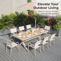 Ensemble de salle à manger d'extérieur moderne 9 pièces en composite bois-plastique WPC, table extensible en alliage d'aluminium, 8 chaises, mobilier de patio pour jardin