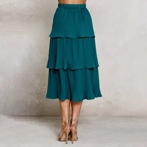 Factory Promoted Stock Wholesale Women Elastic Waistband Tired Pleated A Line Flare Midi Skirt