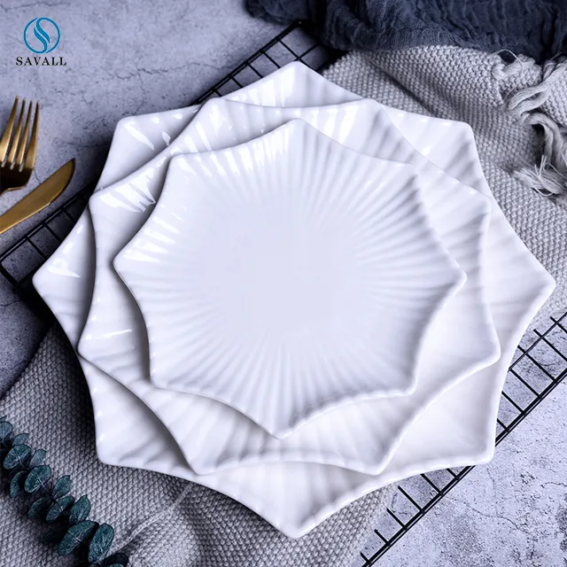 Savall HoReCa White ceramic tableware hot dishes Octagonal lotus leaf shape plate dishes hotel restaurant creative