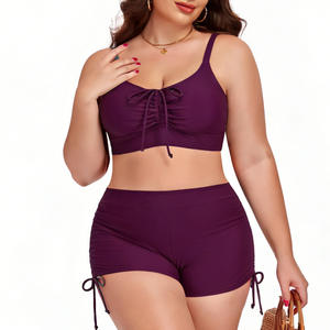 Costume da bagno bikini a vita alta con logo personalizzato, taglie forti, top a spalline sottili e pantaloncini con laccetti laterali, <span class=keywords><strong>2</strong></span> pezzi - Product Image 4