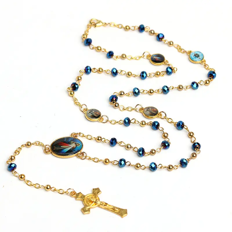 Gold Plated Stainless Steel Beads Chain Jesus Cross Virgin Mary Necklace Religious Christian custom rosary necklace