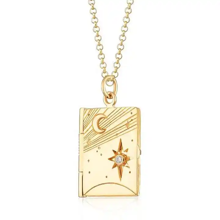 Moda celestial folleto medallón Collar chapado en oro plata esterlina 925 estrella Luna libro en forma de medallón collar mujer joyería