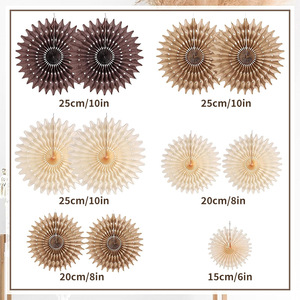 Set de Decoración Colgante para Fiestas de Cumpleaños, Bodas y Graduaciones: Bolas de Nido de Abeja Huecas Color Café Caqui y Abanicos de Papel - Product Image 2